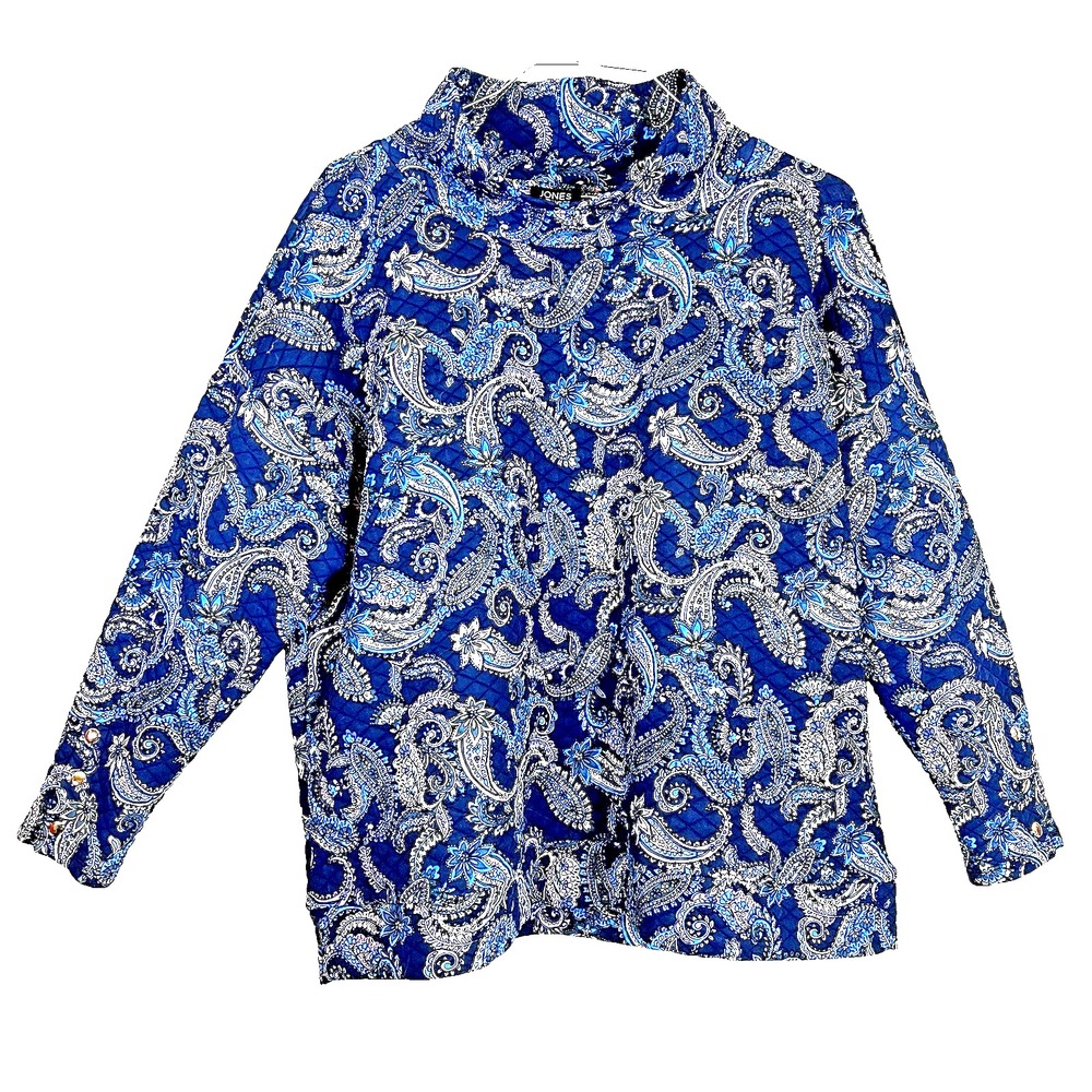 Jones New York Paisley Quilted Cowl Neck Dakota  Blue Purple Long Sleeve Top XXL